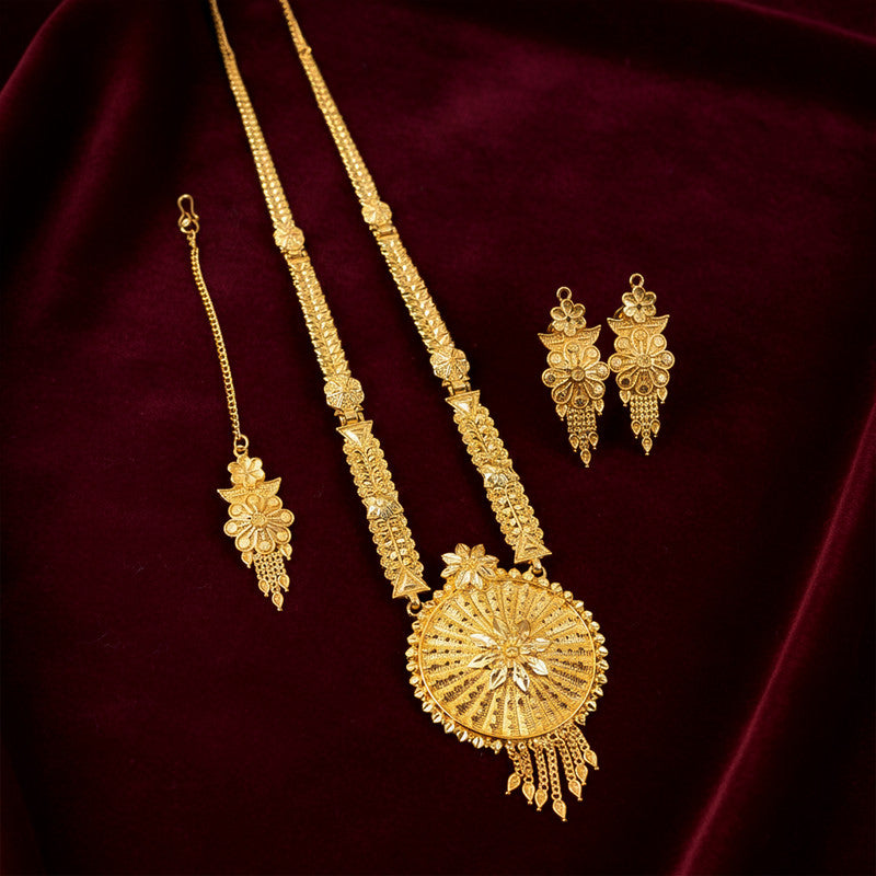 Sunburst Floral Heritage Necklace Set with Detailed Engraved Pendant & Matching Earrings