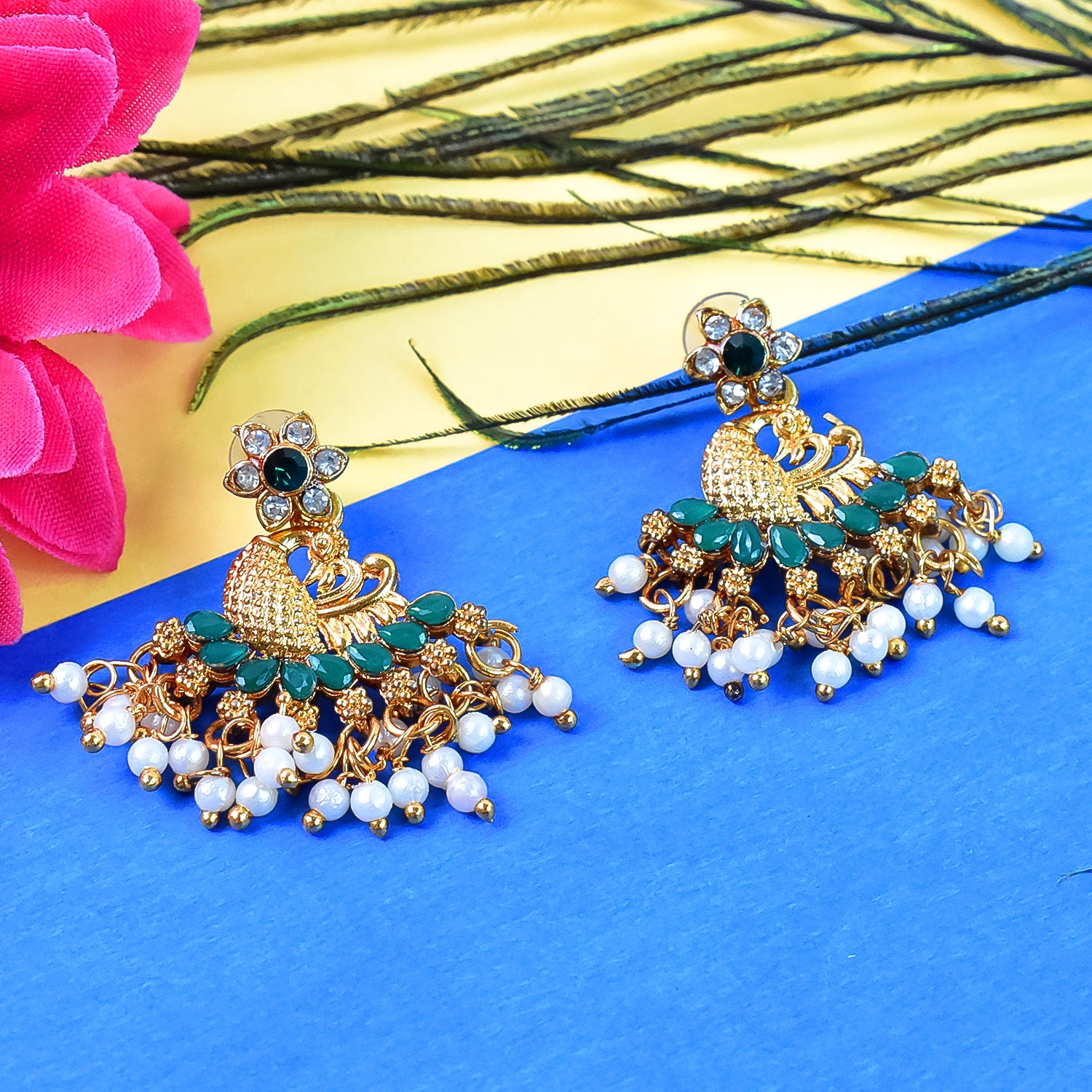 Beautiful Peacock Design American Diamond Pearl Earrings (1 Pair)