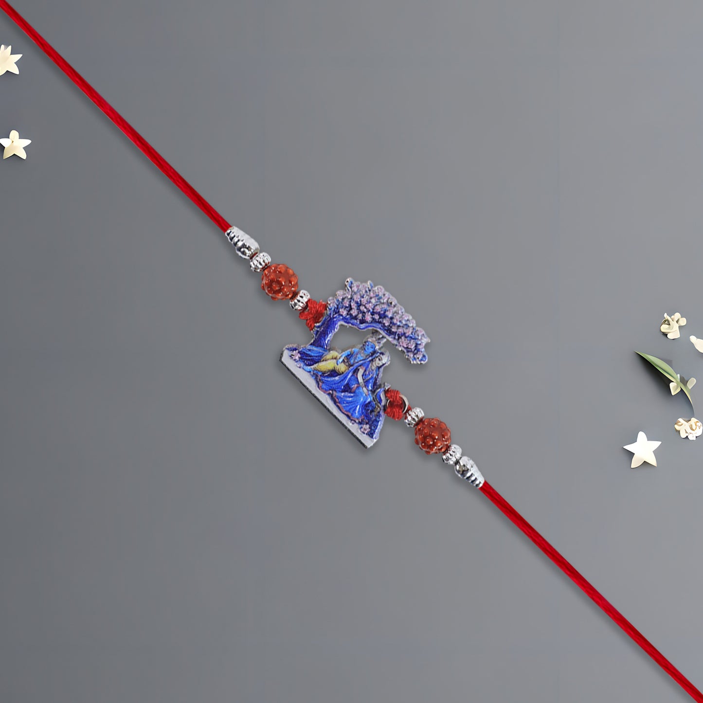 Radha Krishna Rakhi under Tree Design with Rudraksha & Red Mauli Thread