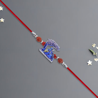 Radha Krishna Rakhi under Tree Design with Rudraksha & Red Mauli Thread