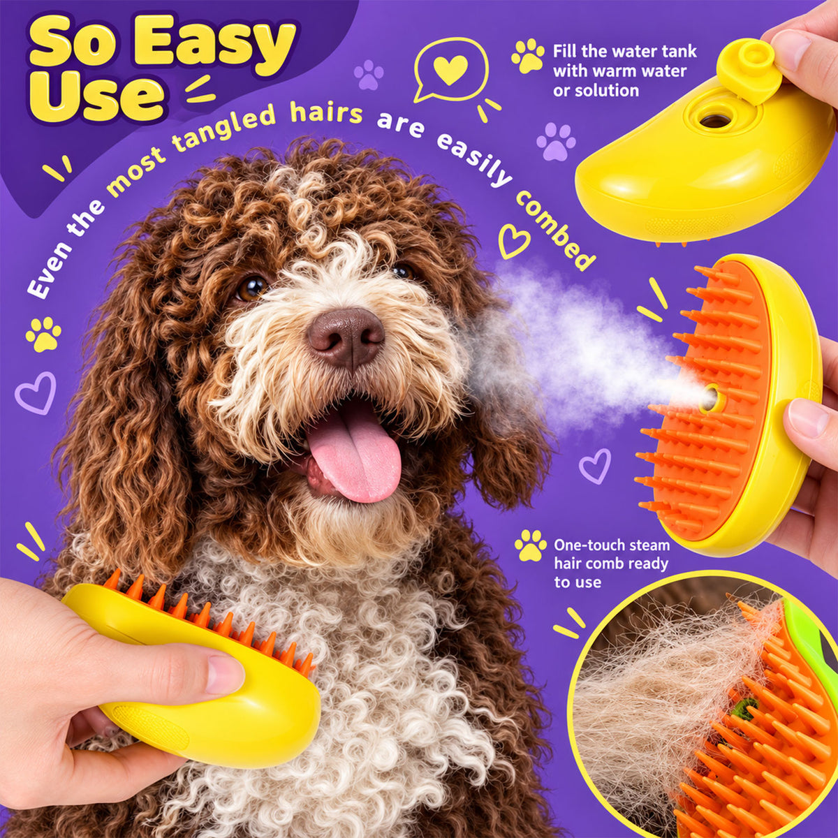 3 in 1 Steam Pet Brush for Cats and Dogs, Rechargeable Grooming Comb (1 Pc)