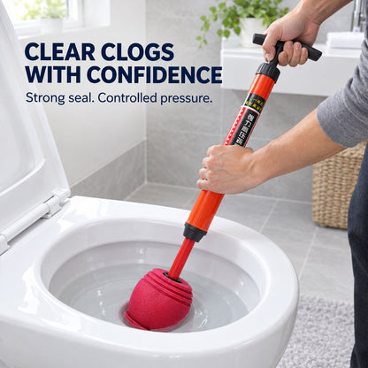 A person uses an orange and red pump plunger in a toilet, with text about clearing clogs and controlled pressure.
