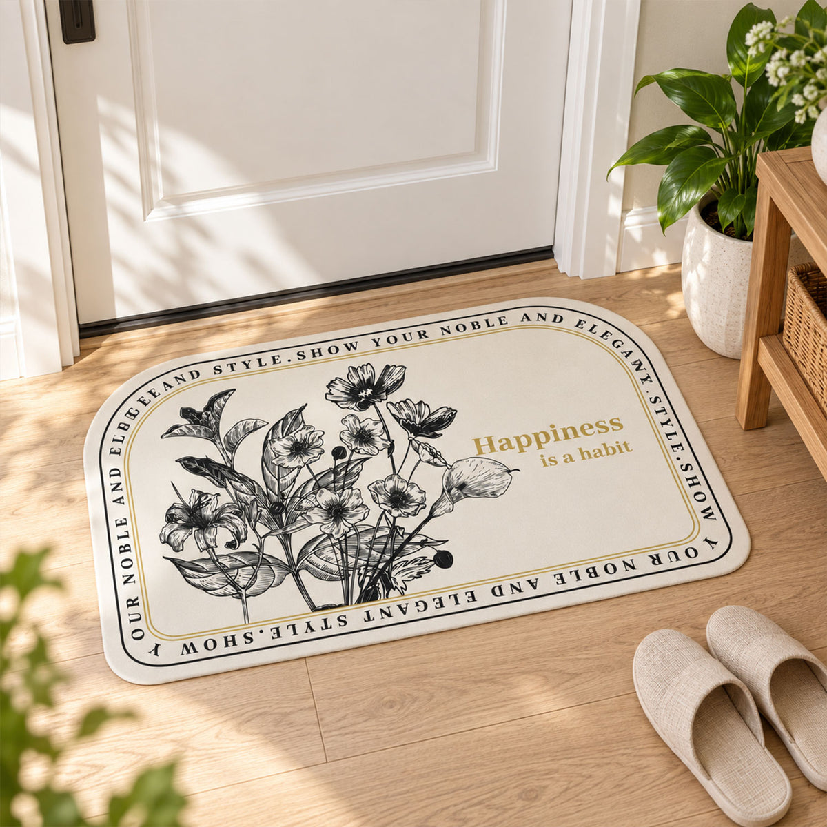Absorbent Bathroom Mat, Half Round Botanical Quote Print Mat (1 Pc, 50x80 Cm)
