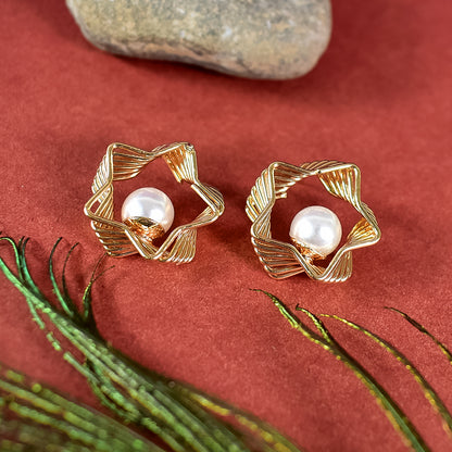 Elegant Gold-Plated Geometric Drop Earrings with White Pearl