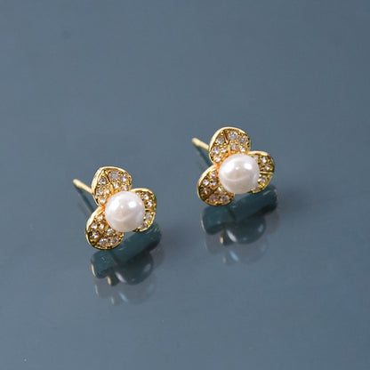 Pearl Center Clover Design Stud Earrings with Gold Finish for Women