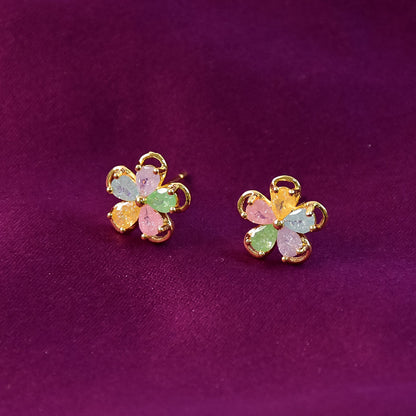 Multicolor Crystal Flower Stud Earrings with Gold Finish for Women