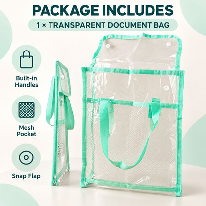 A clear green document bag with a mesh pocket and a snap-button flap, shown from front and side, with icons highlighting