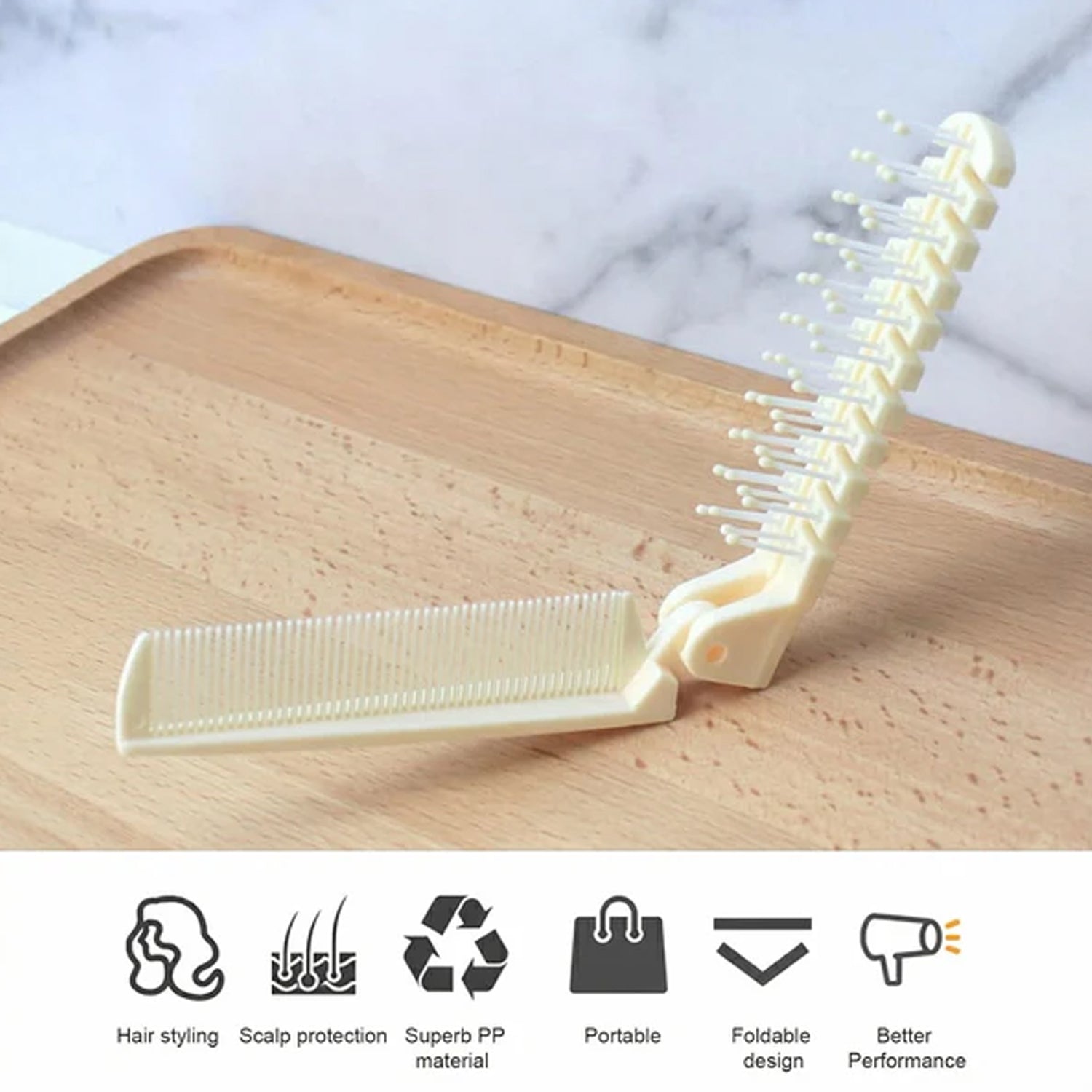 Close-up of comb teeth & brush bristles on foldable tool