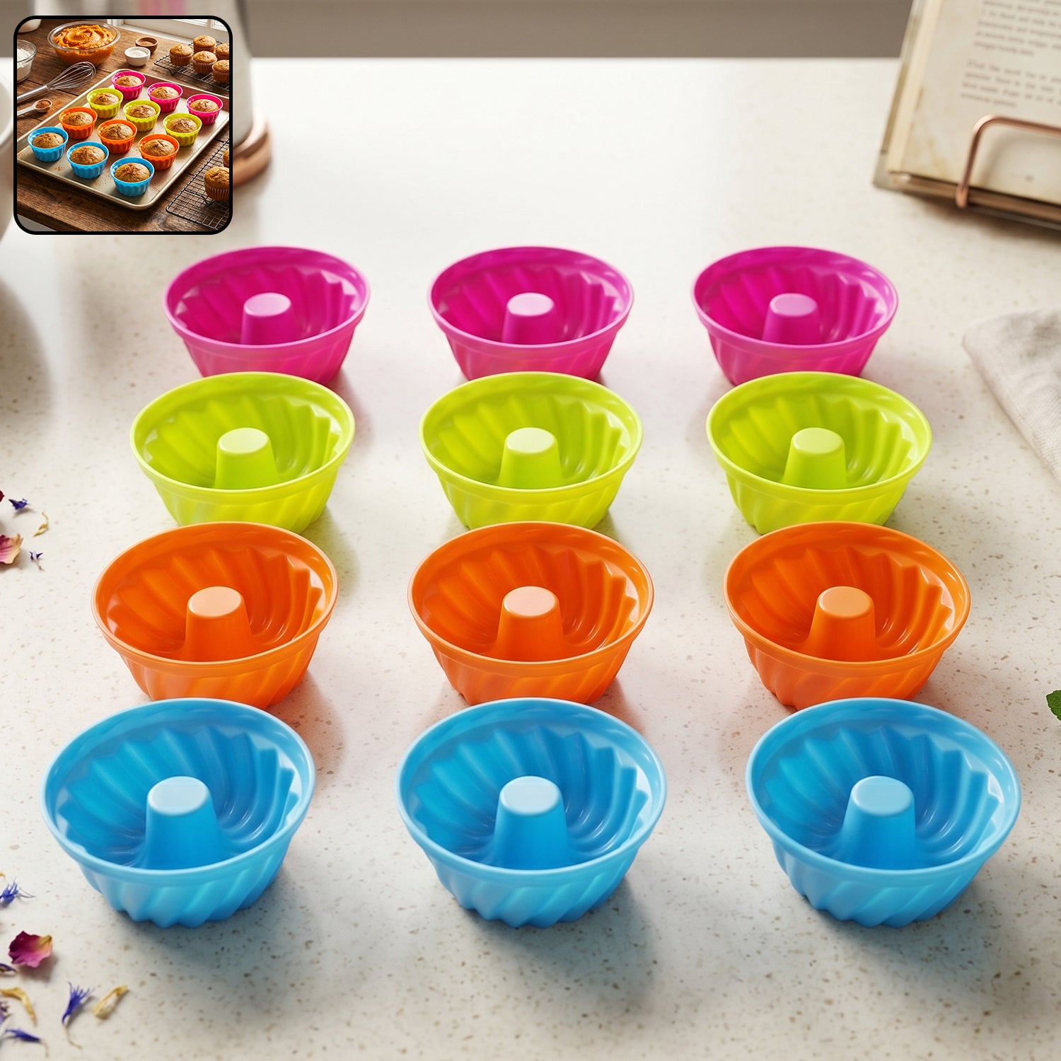 Silicone cupcake mould product layout with 12 pieces