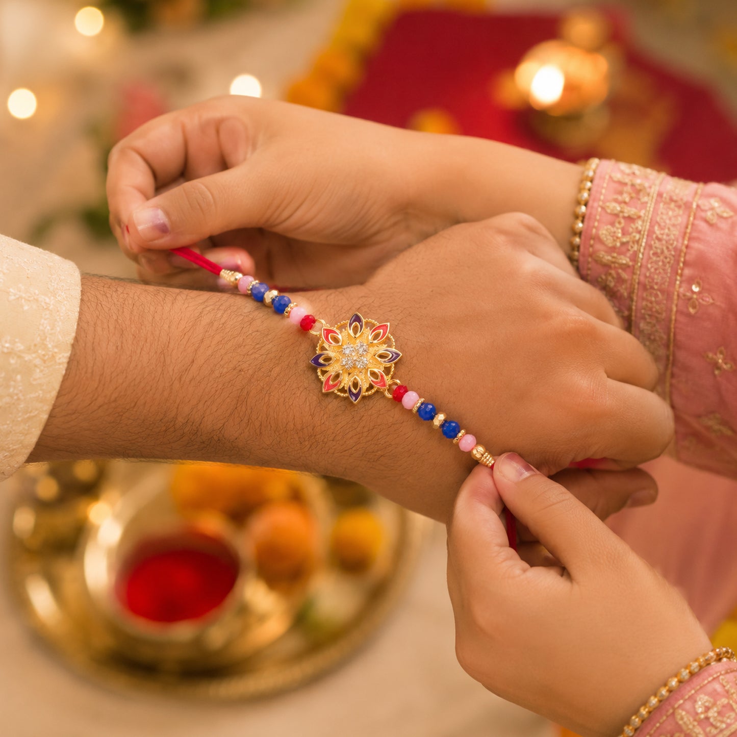 Close-up of floral rakhi centerpiece with beads