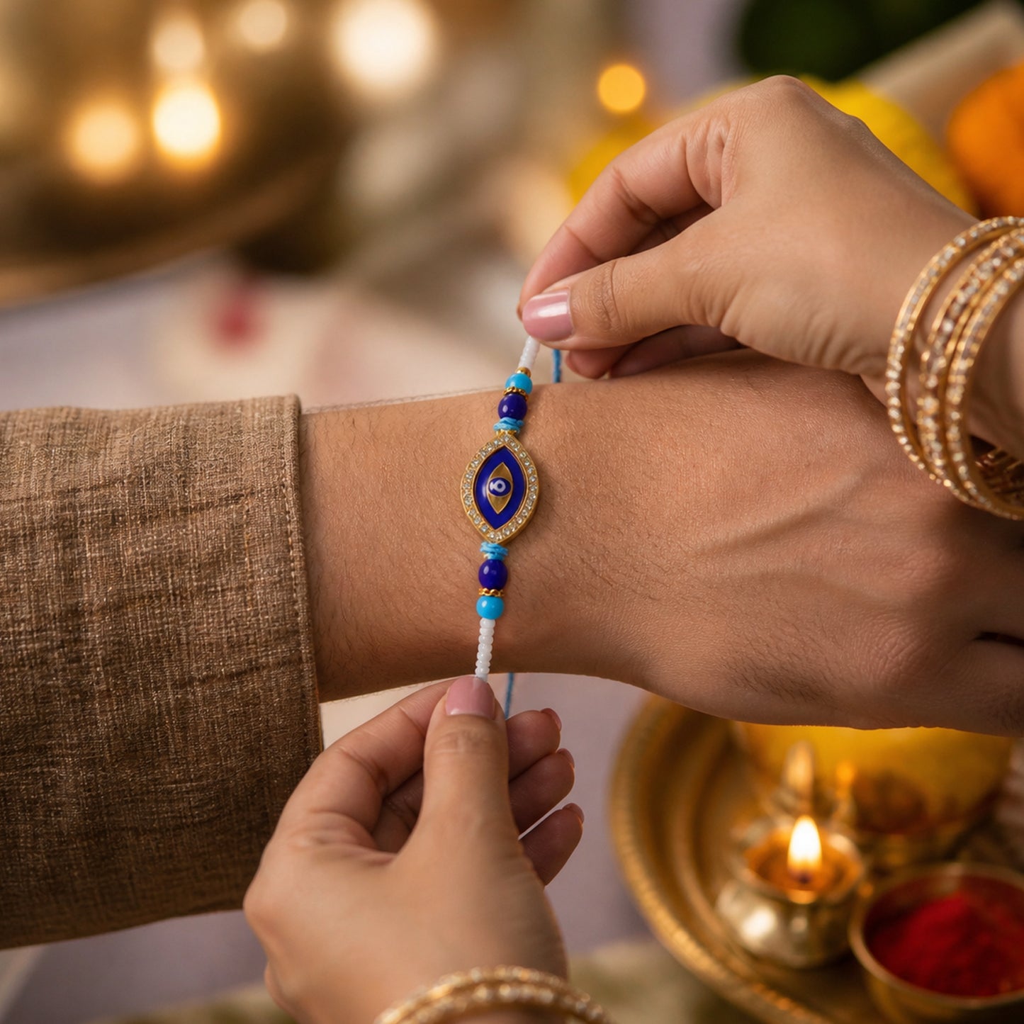 Evil Eye Designer Rakhi with Blue Beads (1 Pc)