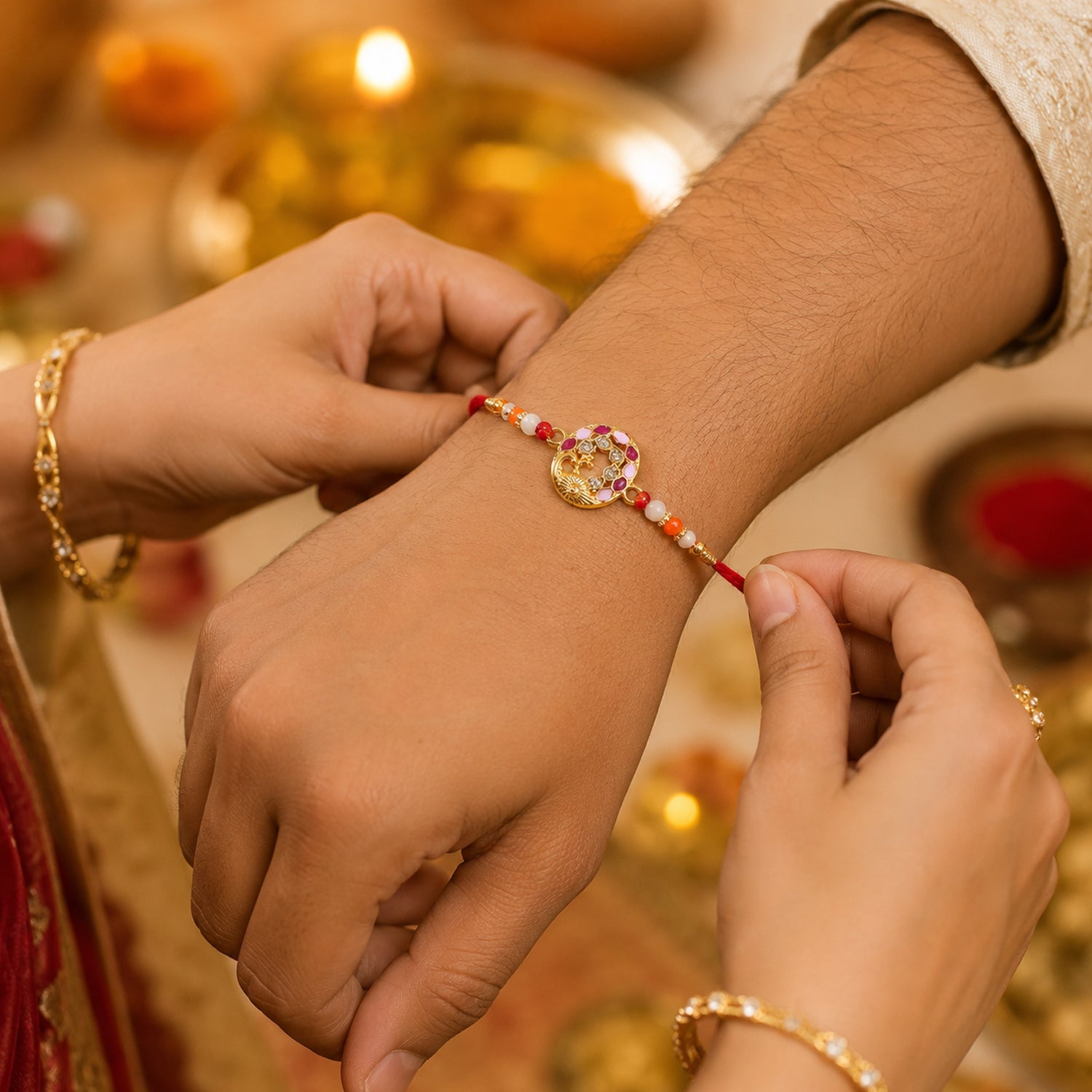 Traditional rakhi with colorful beads and peacock centerpiece