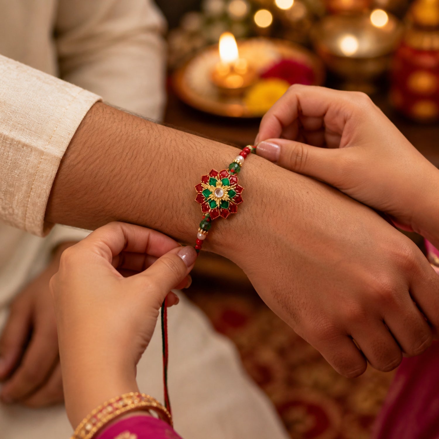 Elaborate Layered Lotus Rakhi Embellished in Red-Green Enamel and a Crystal Core