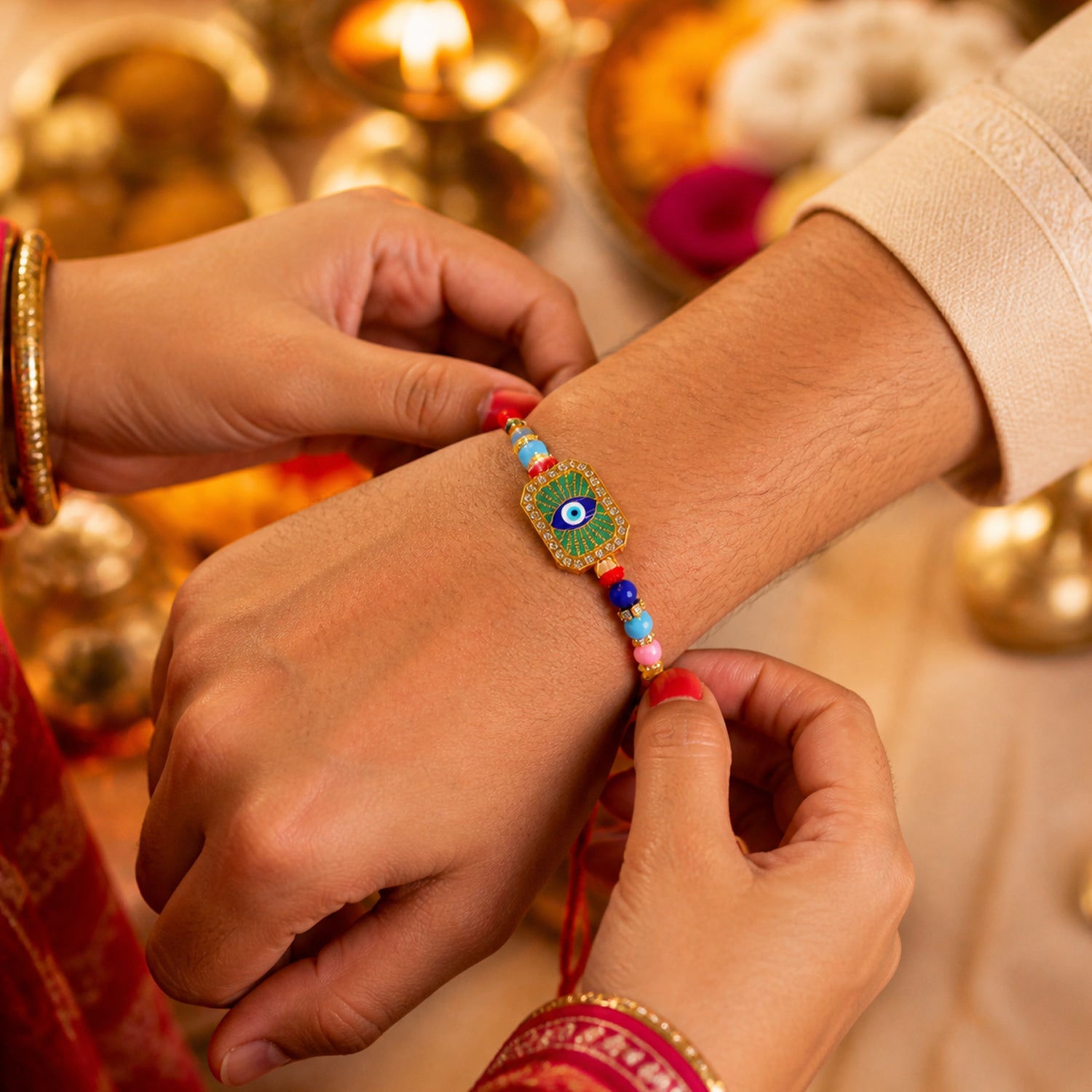 Soft thread rakhi with colorful beads and evil eye design