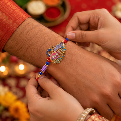 Designer Peacock Rakhi with Beads and Thread Traditional Rakhi (1 Pc)