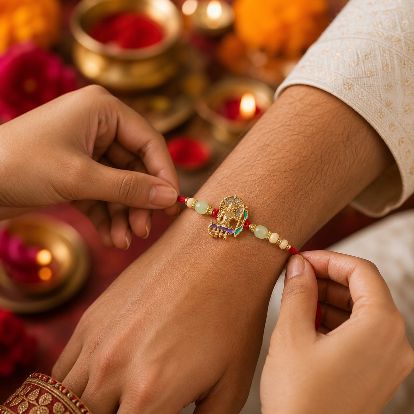 Soft thread tied Rakhi with Lord Ram centerpiece and beads