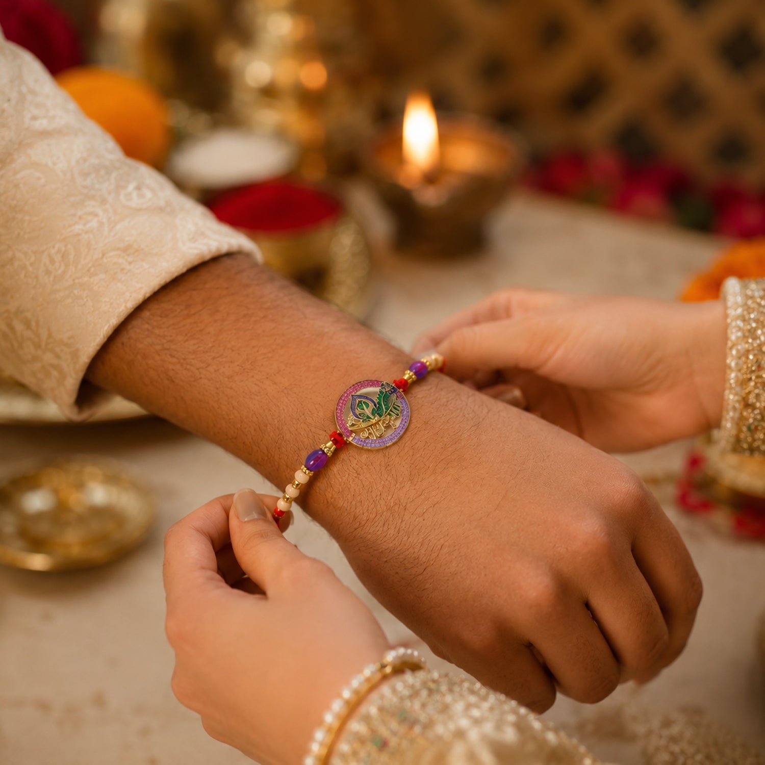 Close-up of Radha Krishna rakhi centerpiece with beads