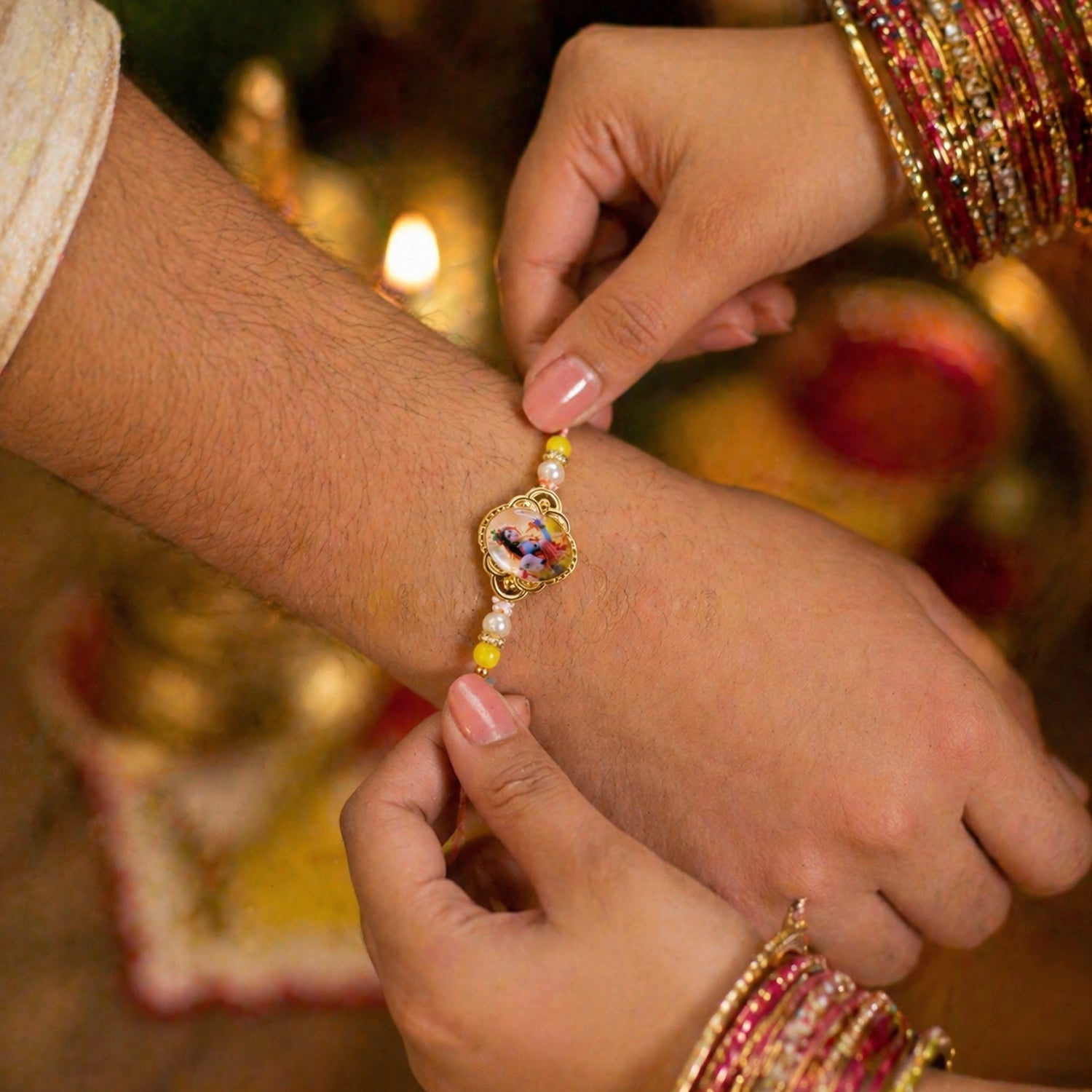 Closeup of decorative beads on Lord Krishna Rakhi