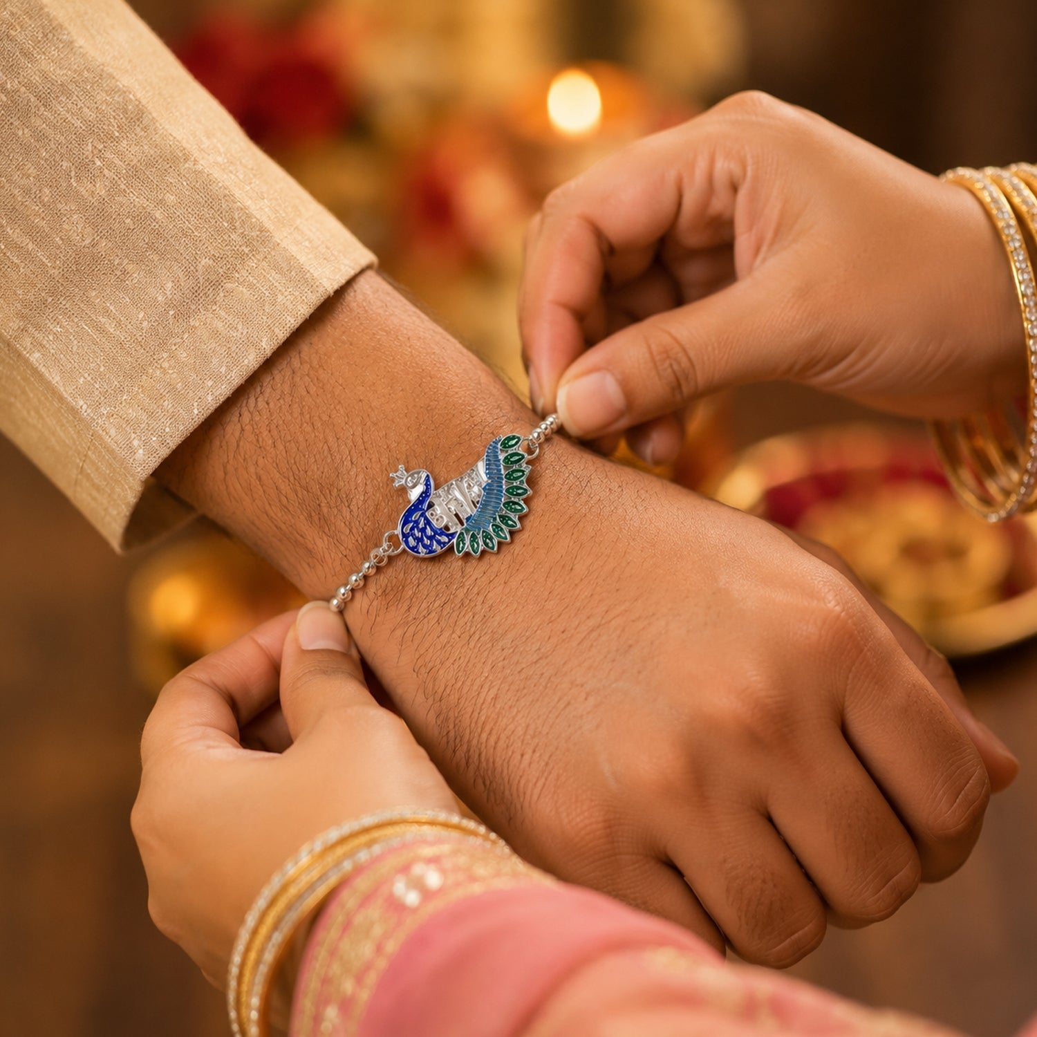 Traditional Rakhi with silver peacock design and beads