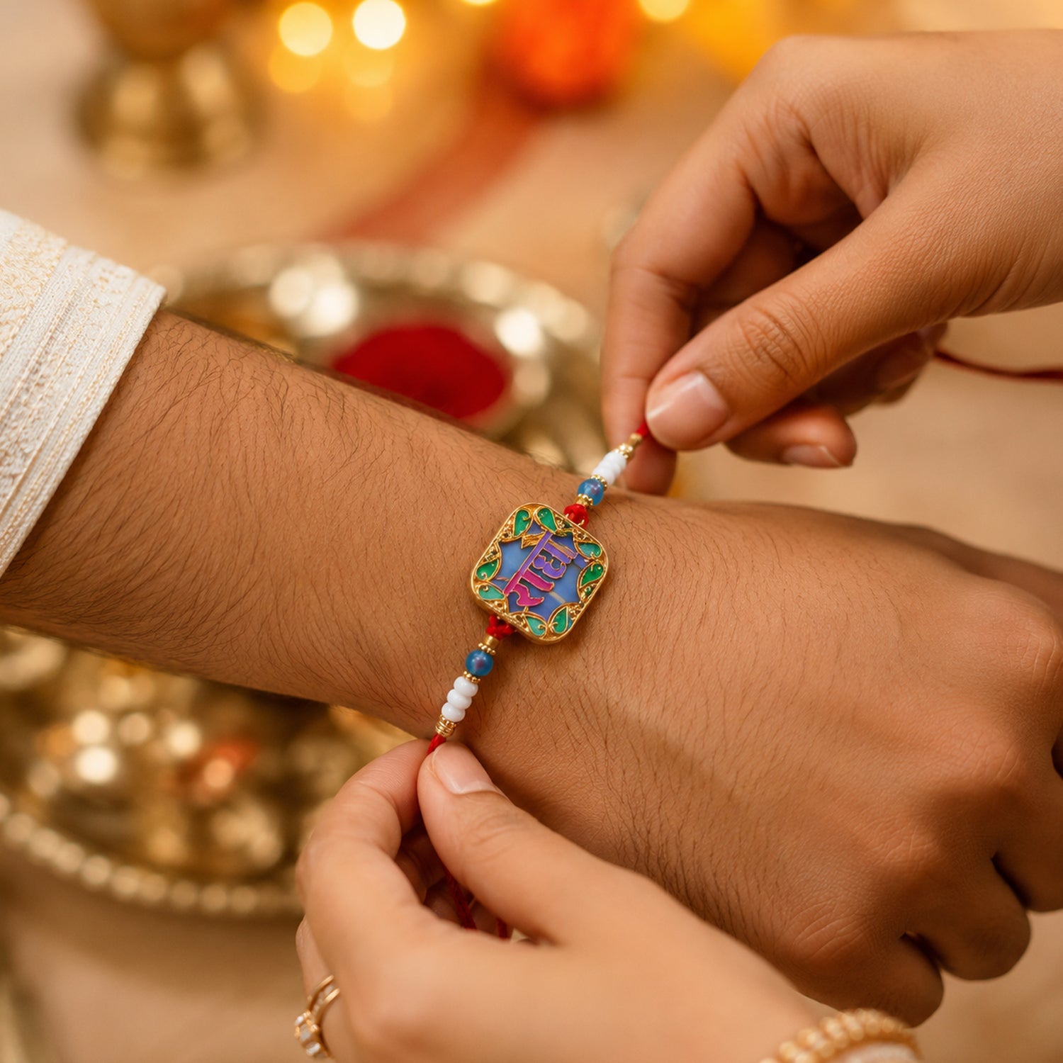 Traditional Rakhi featuring colorful beads and soft thread