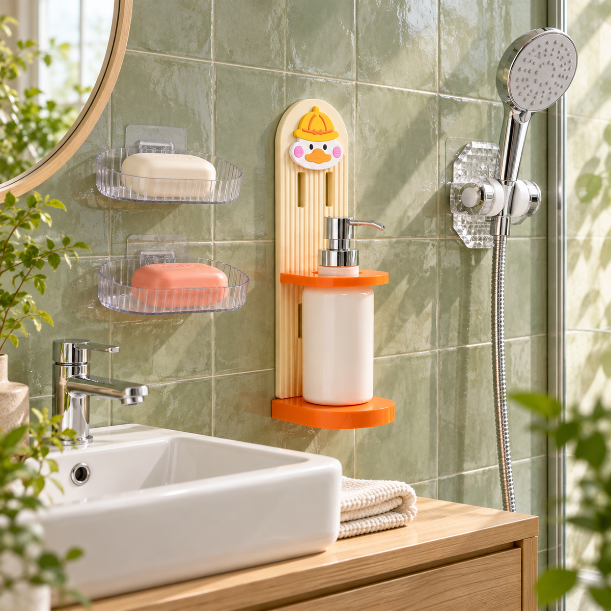 A duck-themed soap dispenser and two clear soap dishes are mounted on a green tiled wall.