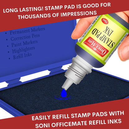 Officemate Stamp Pad Ink Blue – 15 ml Bottle | Fade-Resistant, Quick-Drying Refill Ink