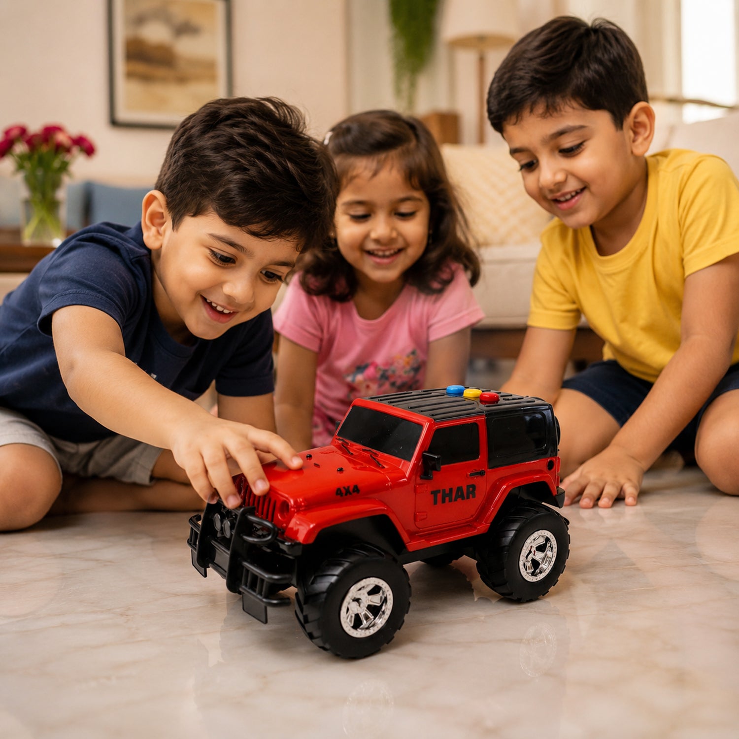 Top view of friction powered toy off-road jeep car for kids