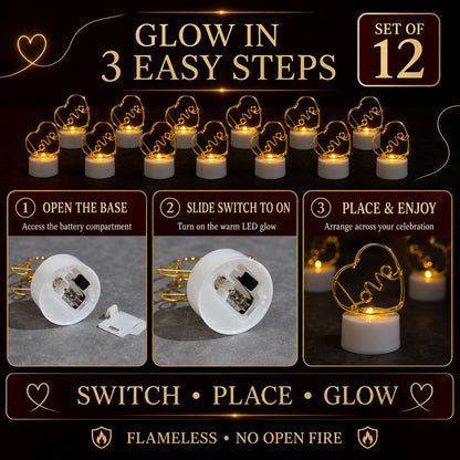 Set of 12 Multicolor Flameless Heart LED Candles for Decor
