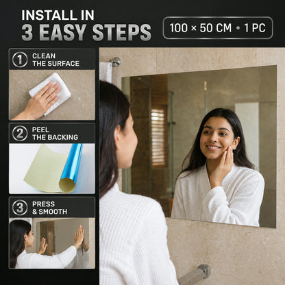 A woman looking in a mirror with three steps for installation: clean, peel, and press.