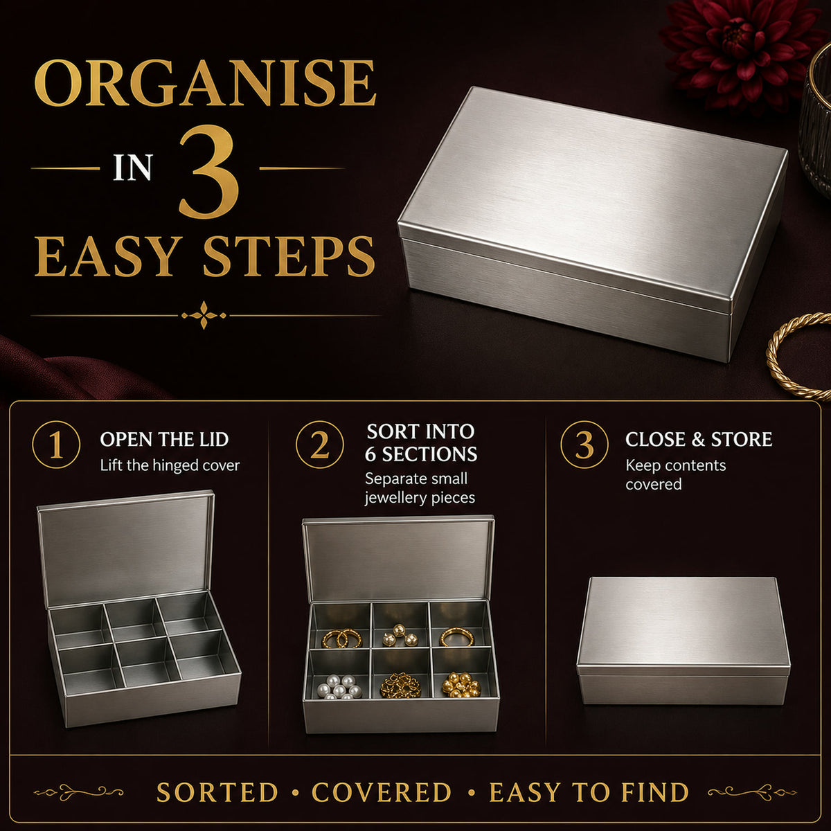 Stainless Steel Jewelry Organizer – 6-Compartment Storage Box