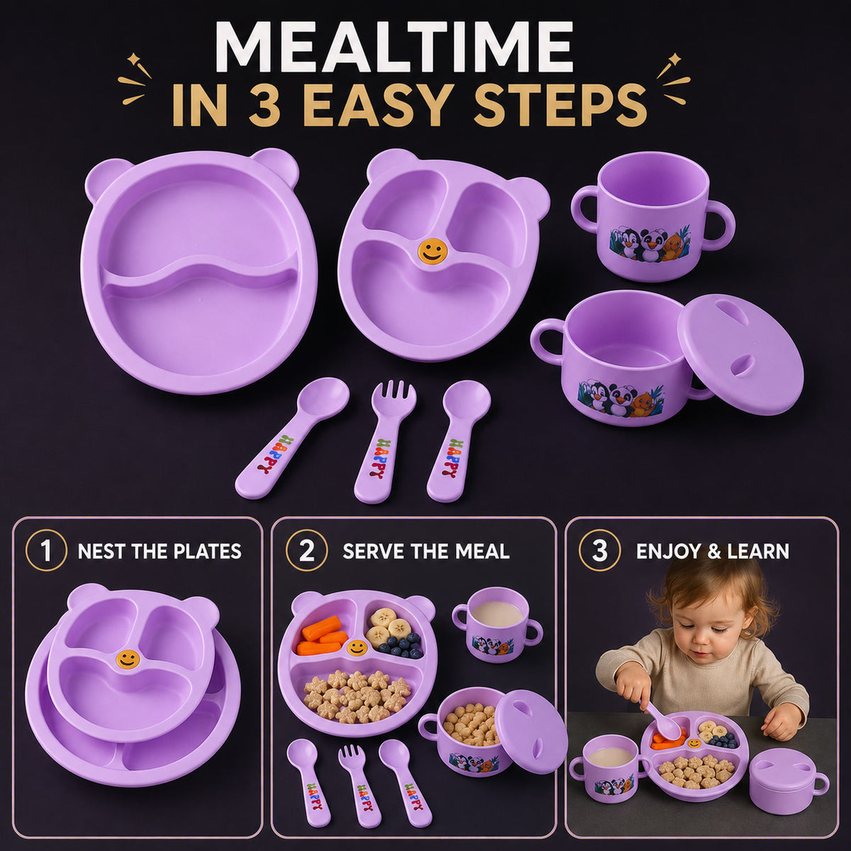 Children’s Tableware Dining Set – Durable Panda Print Meal Kit