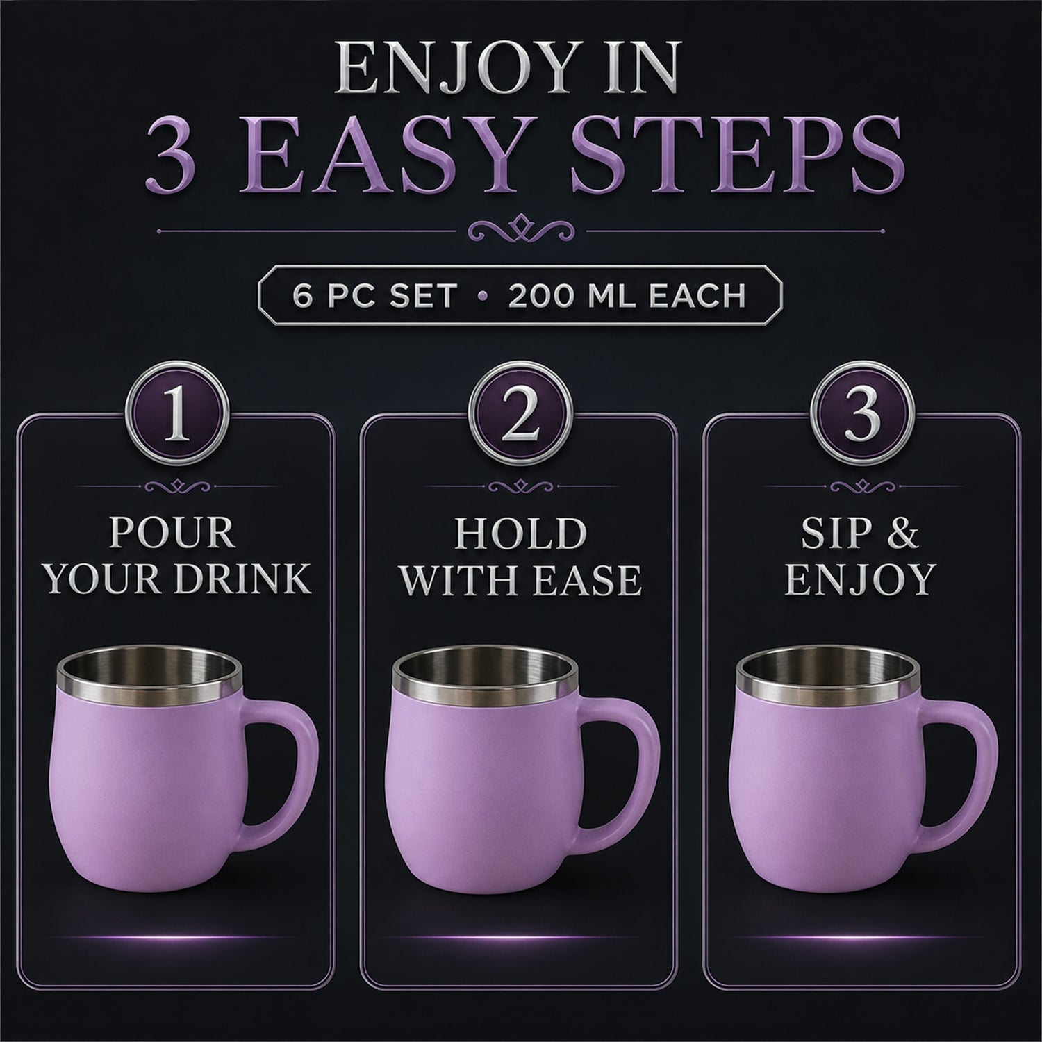 Double Wall Stainless Steel Mug Set – Insulated 6-Pc 200ml