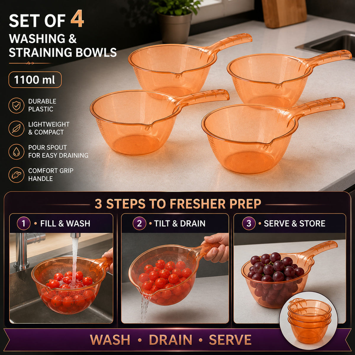 Kitchen Washing & Straining Bowl – 1100 ML Set of 4