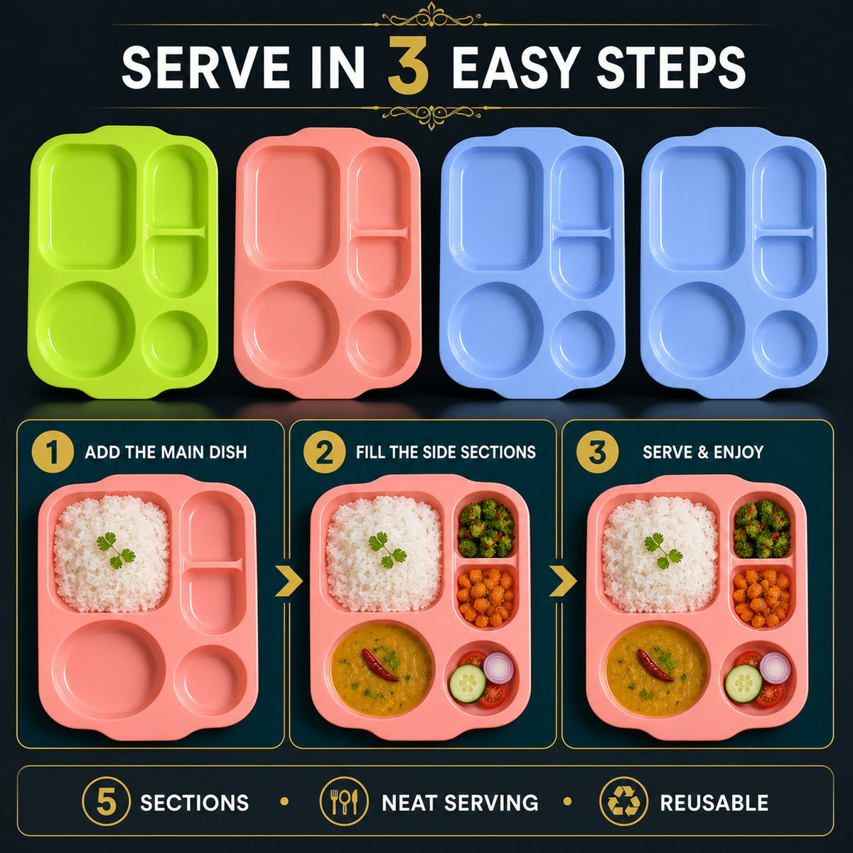 5-Compartment Food Plates – Unbreakable & Multicolor Set | Jiaqi