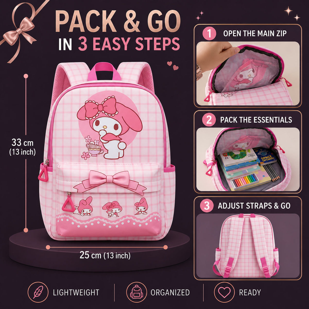 Kids Backpack – Adorable My Melody Design with Bow & Bunny