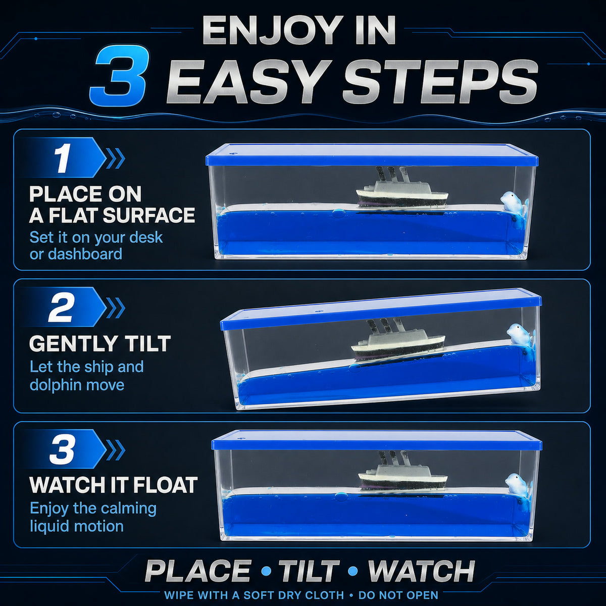 A three-step instruction graphic showing how to place, tilt, and watch the liquid motion decor, with illustrations of the