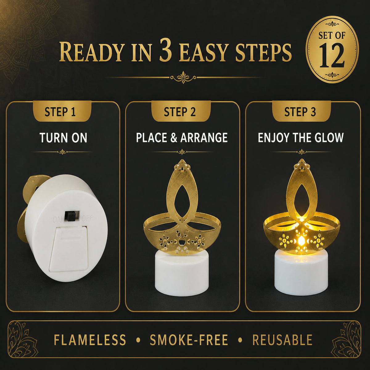 Golden Diya LED Tealight Candles – Safe Flameless Decor Set of 12
