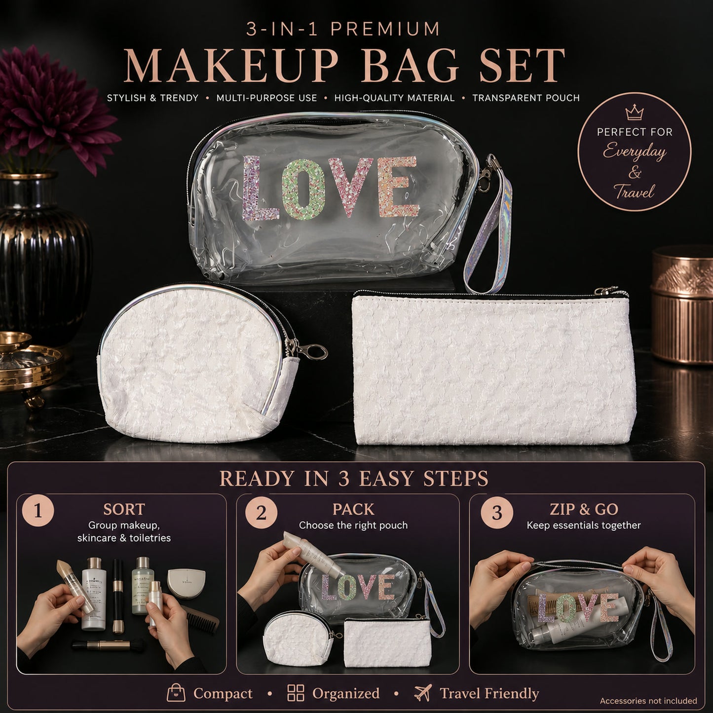 3-in-1 Makeup Bag Set – Compact & Stylish Travel Organizer