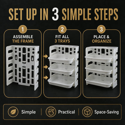 Infographic showing three steps to assemble the white plastic storage rack: frame, trays, and organization.