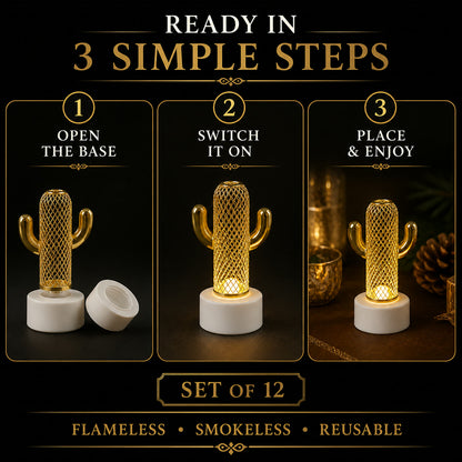 Cactus Shaped Flameless LED Candles – Set of 12 Safe Décor Lights