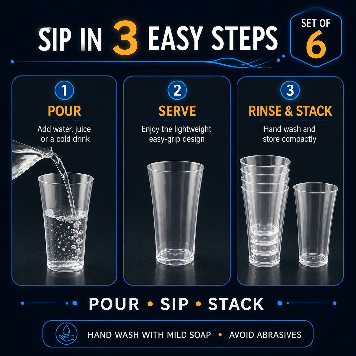 Transparent Plastic Drinking Glasses – Durable Set of 6 | Serve Stellar