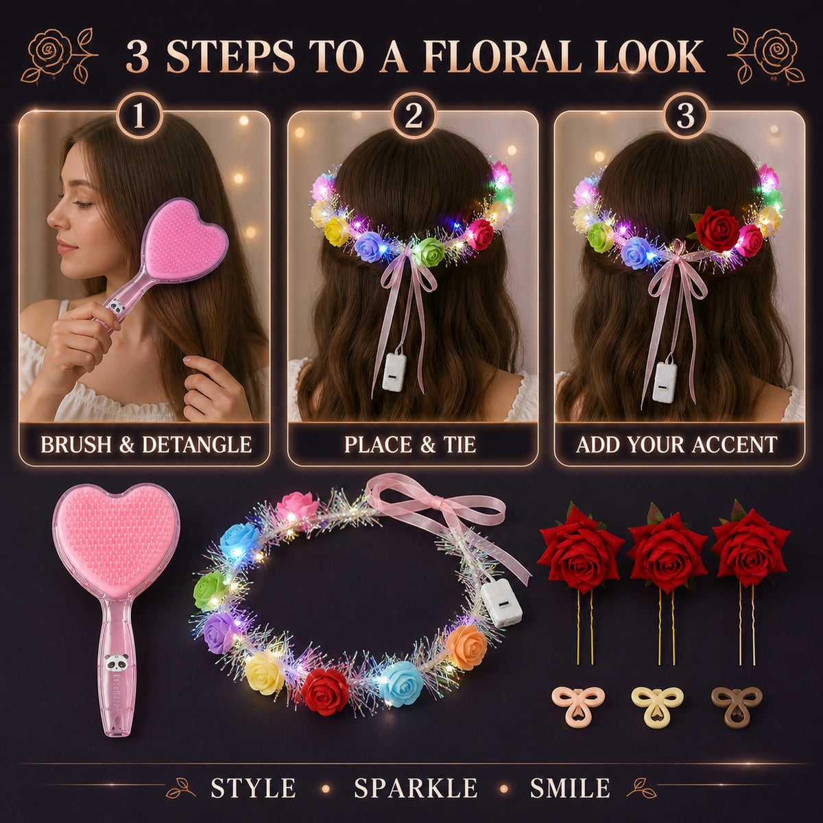 Beauty & Hair Styling Combo Set – Floral Accessories & Detangling Brush