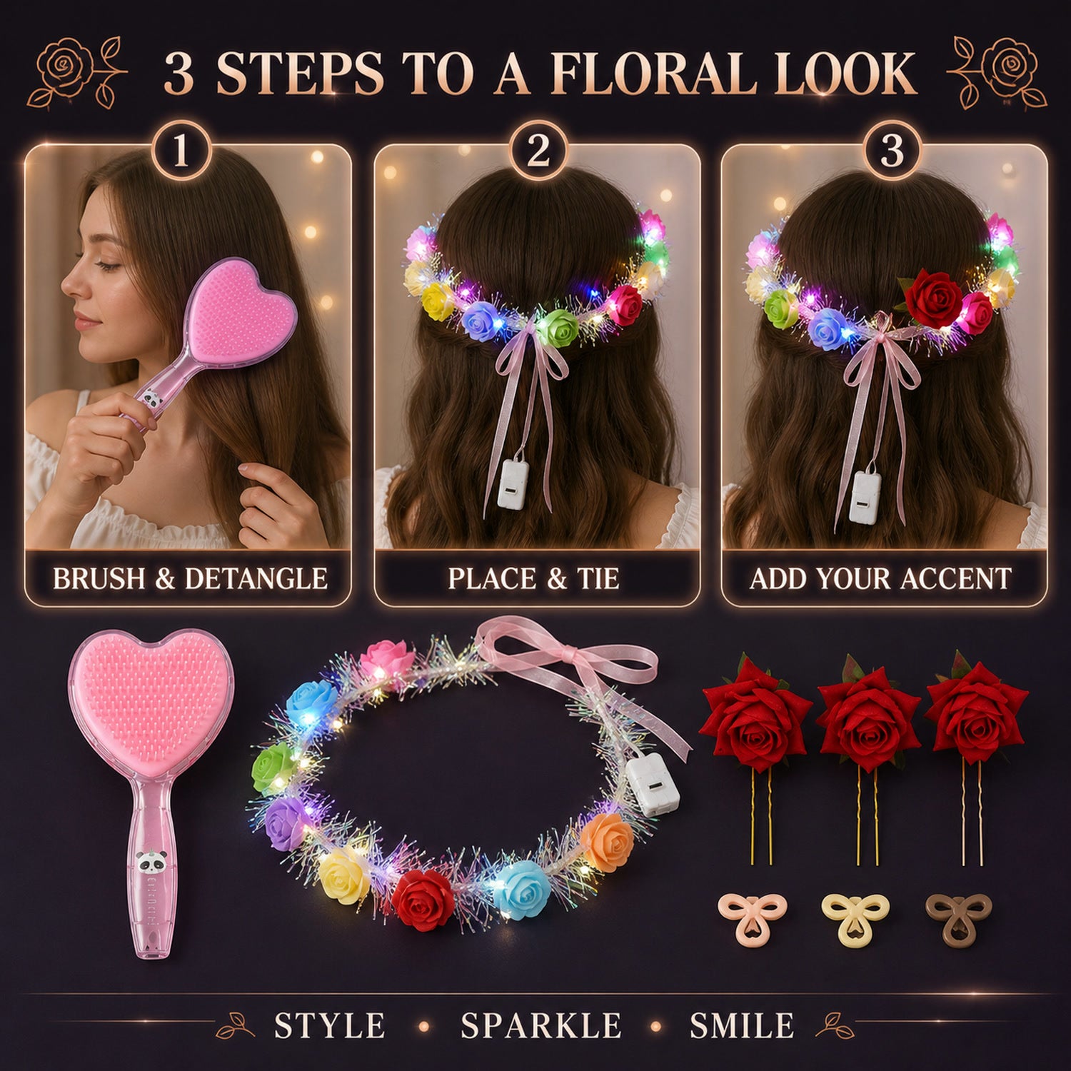 Beauty & Hair Styling Combo Set – Floral Accessories & Detangling Brush