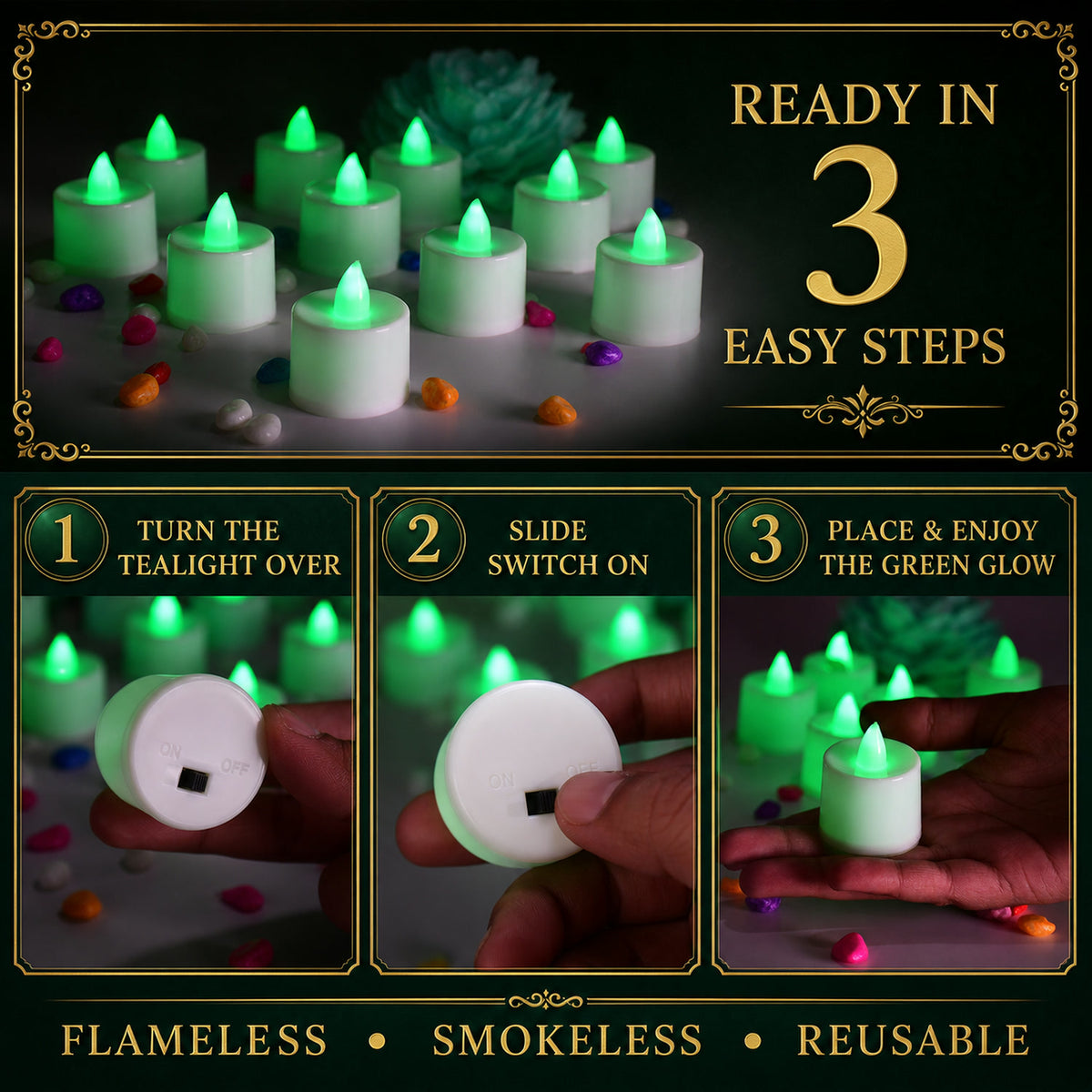 Green Flameless LED Tealights - Safe, Smokeless Decor (24-Pack)