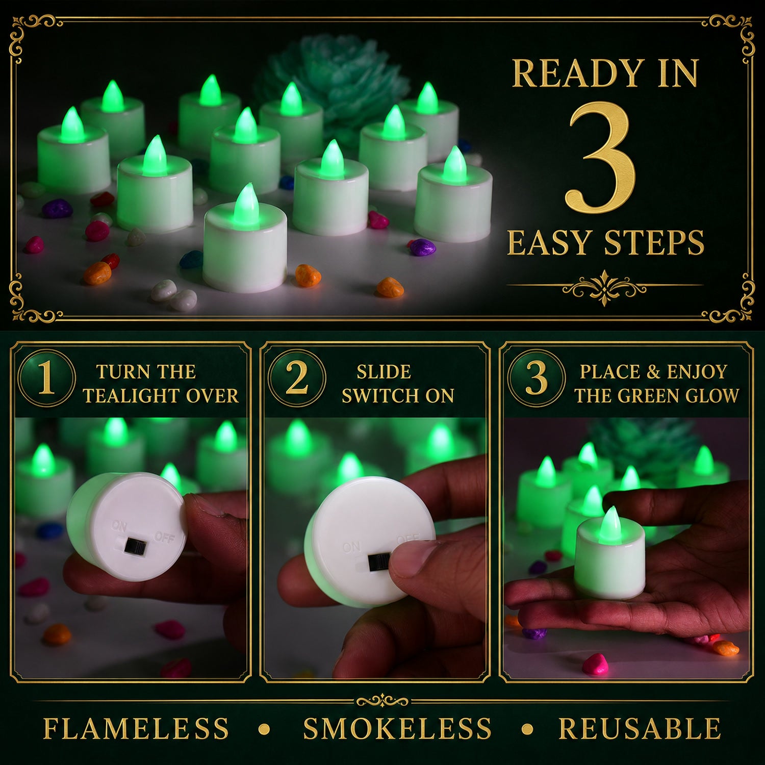 Green Flameless LED Tealights - Safe, Smokeless Decor (24-Pack)