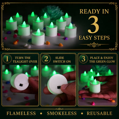 Green Flameless LED Tealights - Safe, Smokeless Decor (24-Pack)