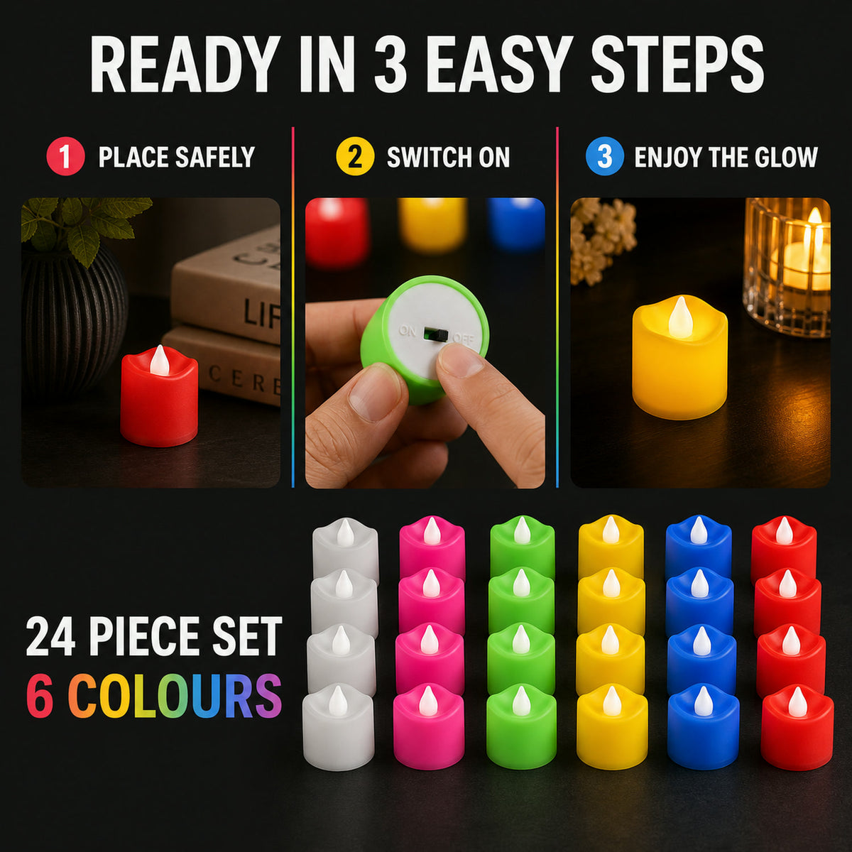 LED Tealight Candles – 24 Pcs Multicolor | Indo Glow