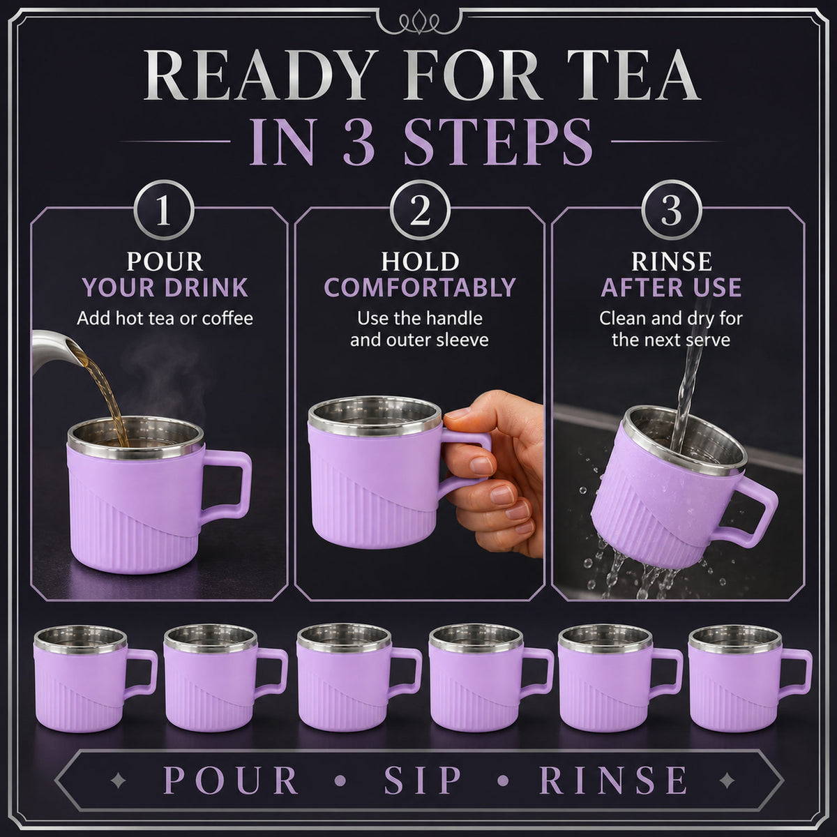 Tea Coffee Cup Set of 6 – Durable Metal Inner, Heat-Safe Sleeve