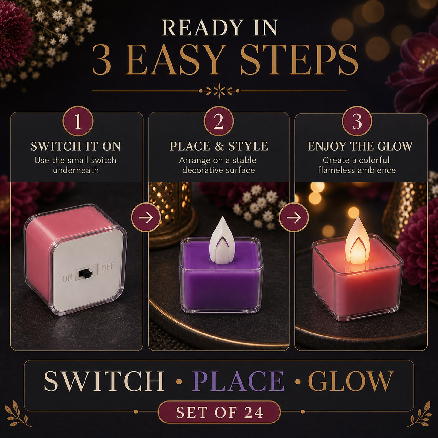 LED Tealight Candles – Set of 24 Multi-Color Flameless Lights