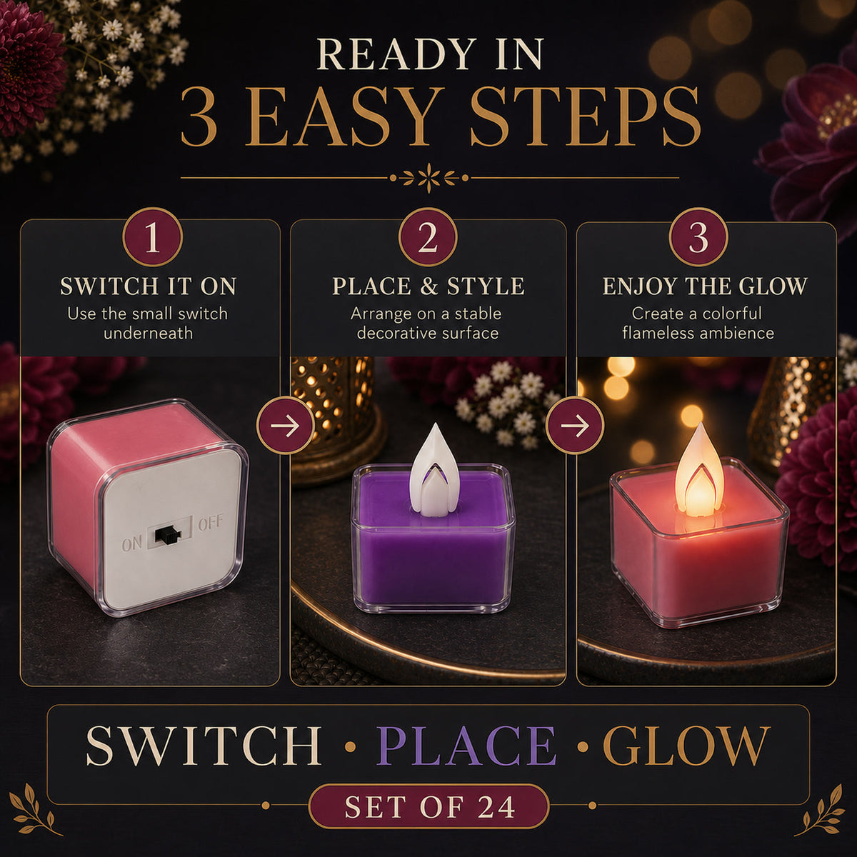 LED Tealight Candles – Set of 24 Multi-Color Flameless Lights